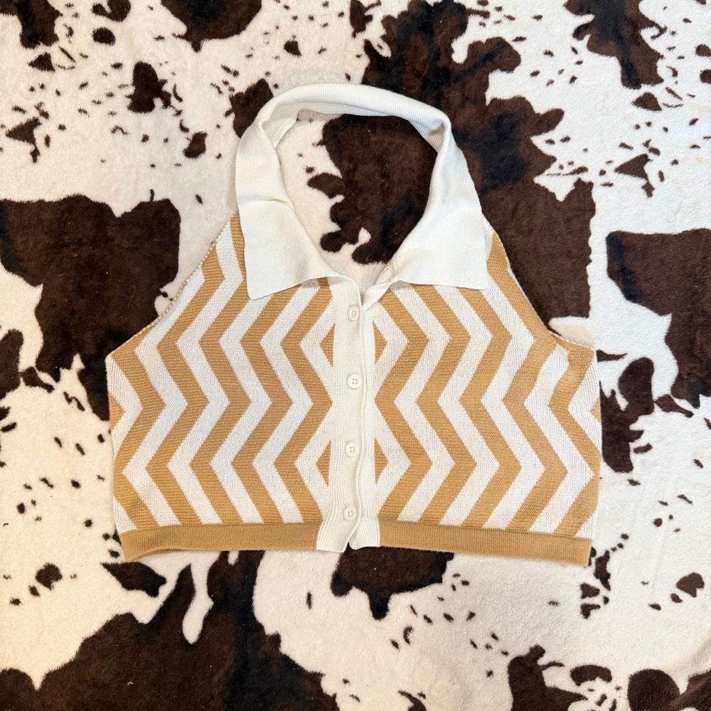 Jolie & Joy Halter Top Women XL Tan White Chevron Retro Boho Cropped Knit